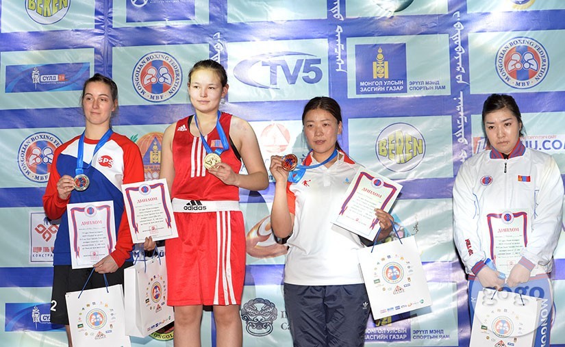 Gold medalist O.Gerlgua (Hangarid club), Silver medalist M.Isabelle (Shiren Beelii club), Bronze medalist A.Zuunnast  (Suhbaatar club),  B.Misheel (University of Physical Education)