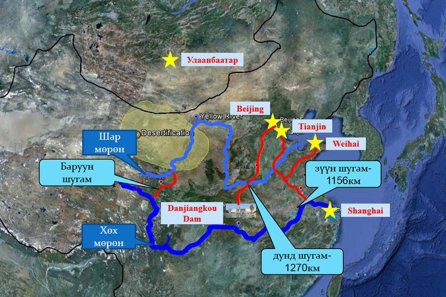 БНХАУ өмнөд хэсгийн ус ихтэй бүс нутгаас хойд хэсгийн ус багатай газар нутагт зүүн, дунд, баруун гэсэн гурван том шугамаар Хөх мөрнөөс Шар мөрнийг гатлуулан усыг хэдэн мянган км зайд шилжүүлэн ашиглаж байна.