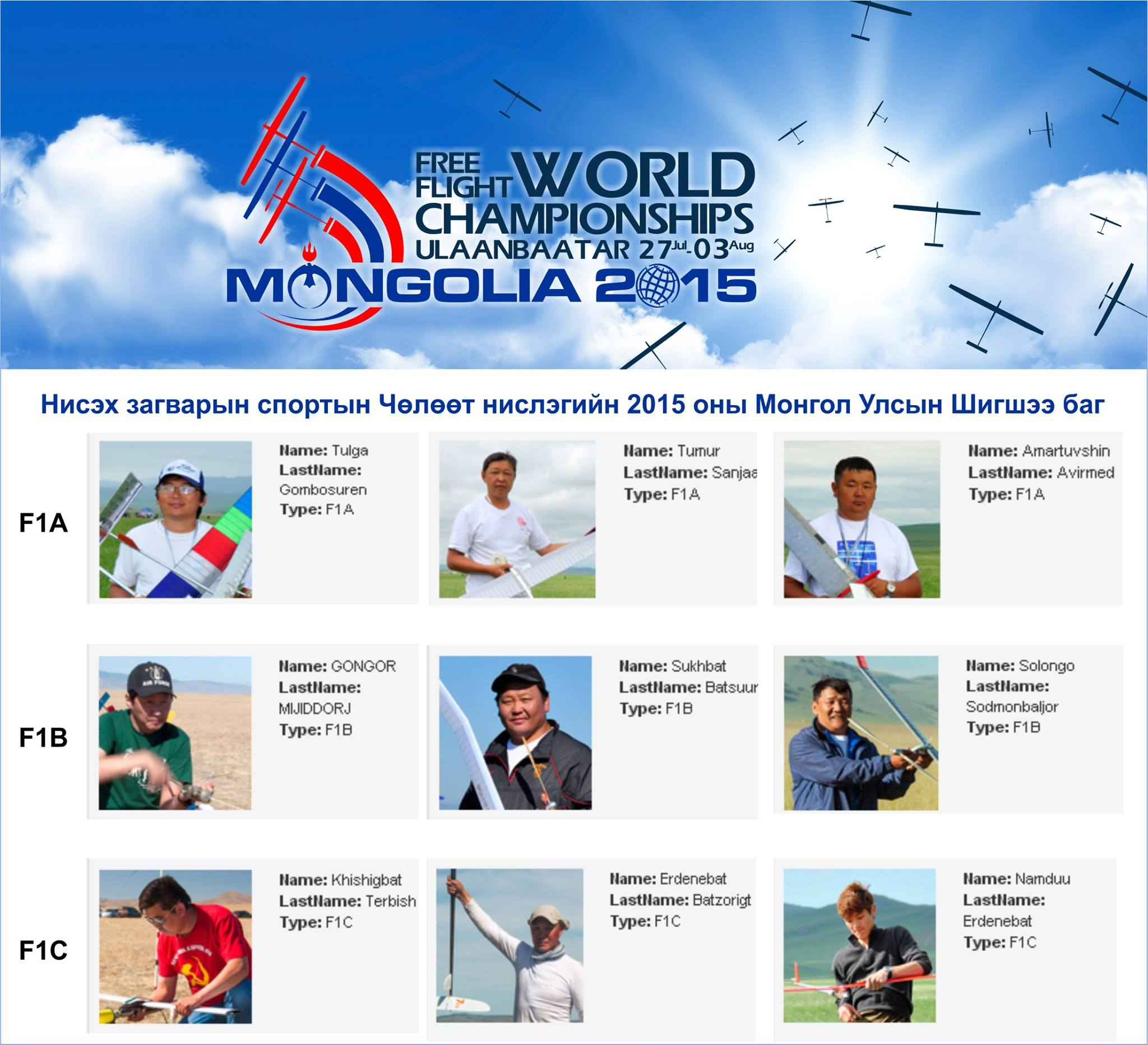Монголын баг тамирчид /Зургийг: Фэйсбүүкийн Монгол-2015. Нисэх загварын спортын Дэлхийн Аварга Шалгаруулах Тэмцээн хуудаснаас авав/ /