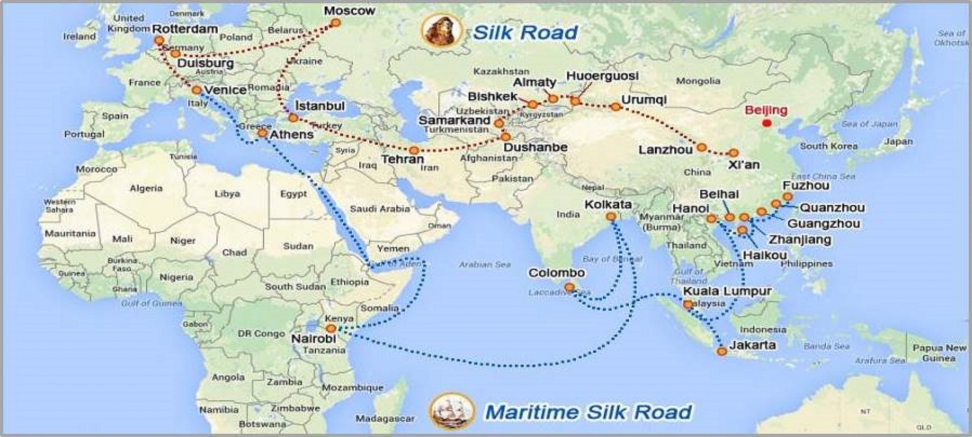 Water and road routes of Silk Road 