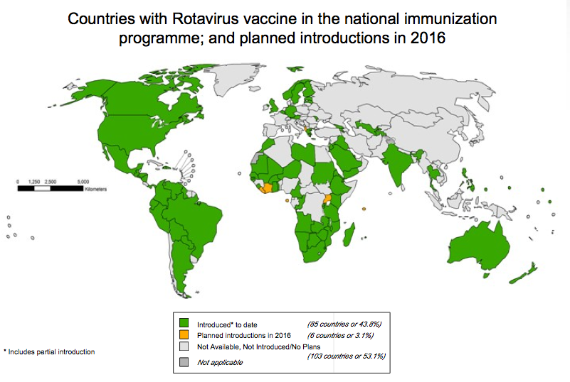 2016 оны байдлаар ротавирусын эсрэг вакциныг үндэсний дархлаажуулалтын хөтөлбөртөө оруулсан орнууд (Ногооноор тэмдэглэсэн нь)