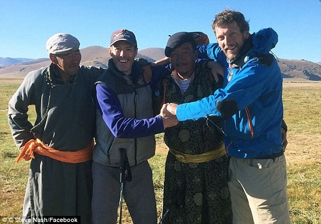 Mr Nash, second from left, with expedition partner Gareth Aston, far right, and two Mongolian friends, hours before he was murdered by Gantulga Batsukh  
