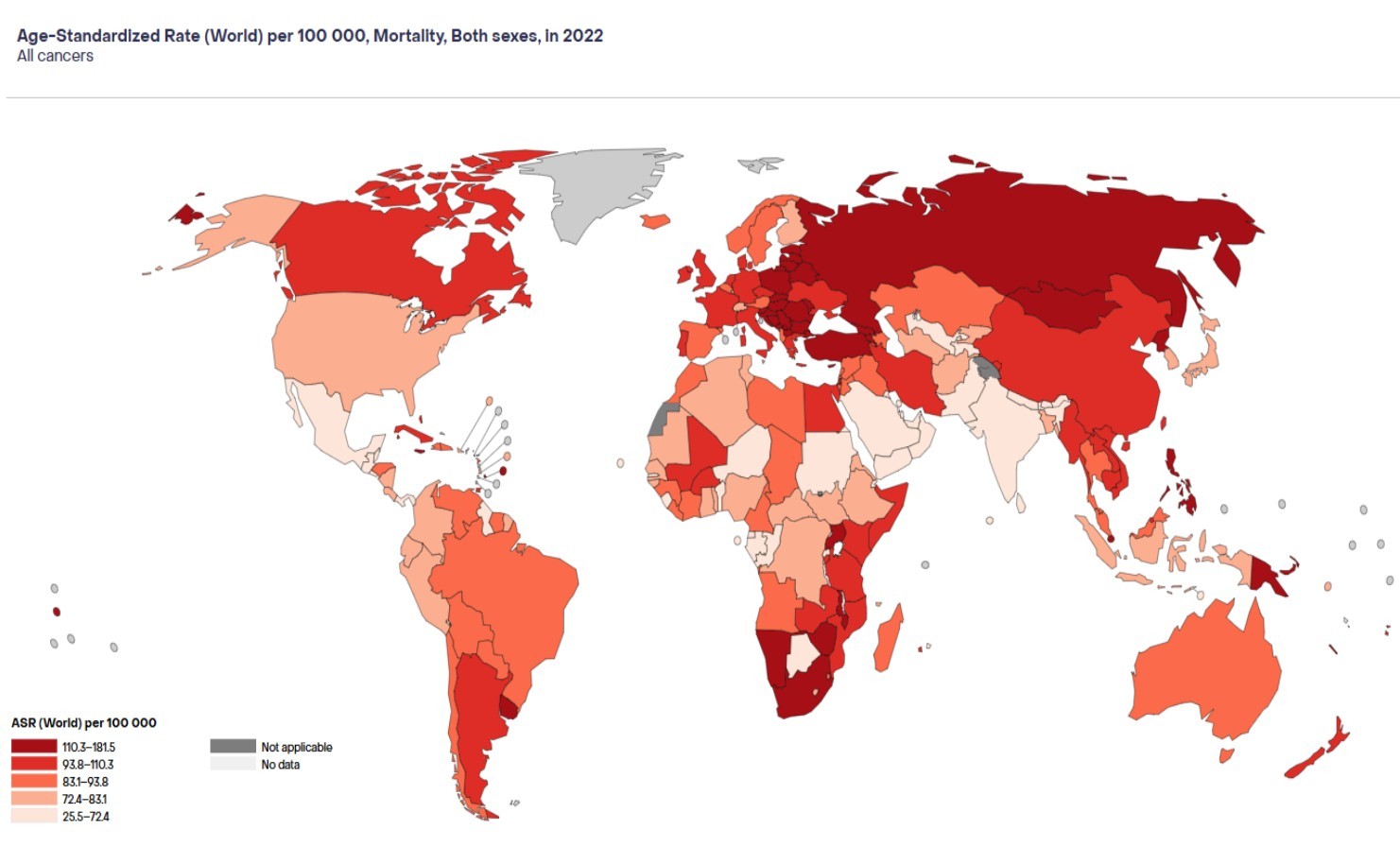 Дэлхий дахинд 100 мянган хүн тутамд хорт хавдраас шалтгаалсан нас баралтын төлөв-2022 он