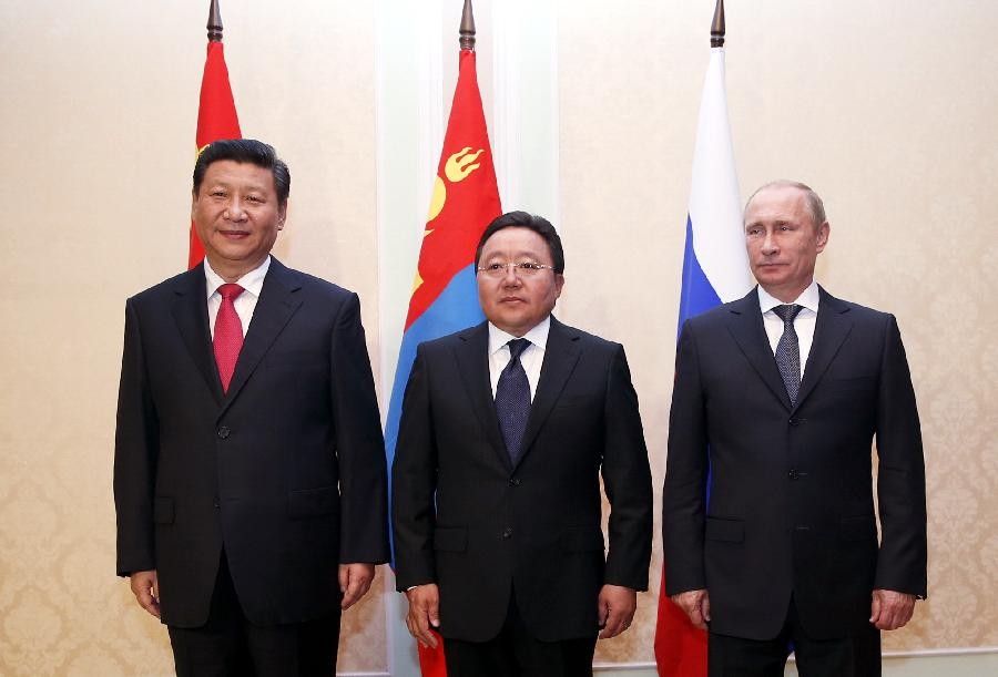 Presidents of Mongolia, China and Russia in Dushabne city in September 2014